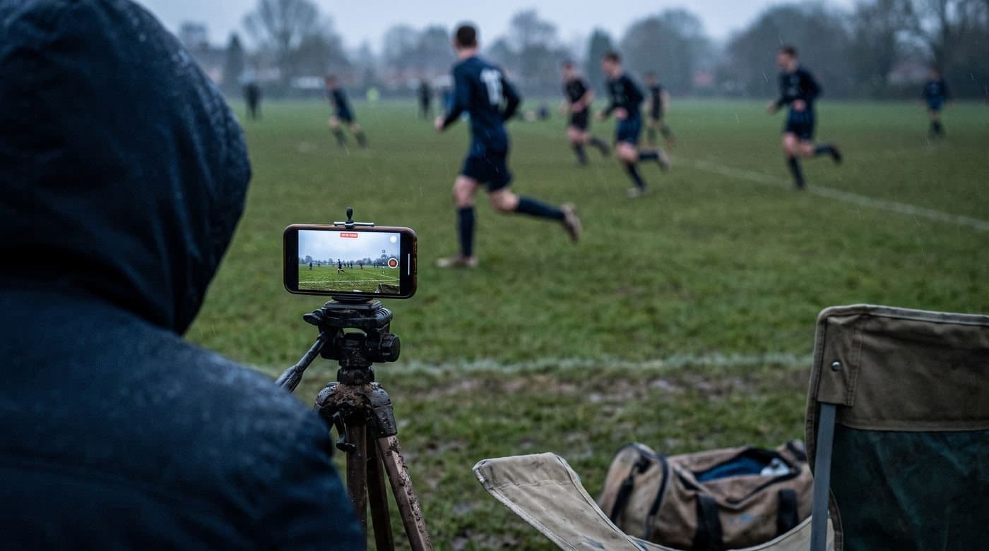 A phone on a tripod filming a match from the touchline