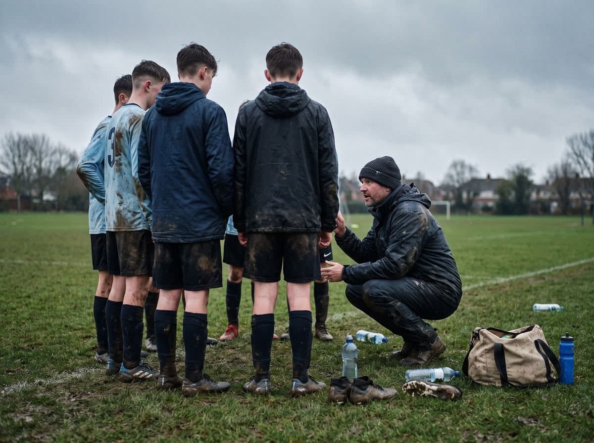 A coach talking to his under-16s in the rain
